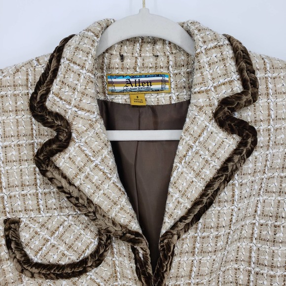 Y2K Allen by Allen Schwartz Tweed Blazer Jacket 8 Velvet Trim Vintage Tan Brown - Picture 6 of 9